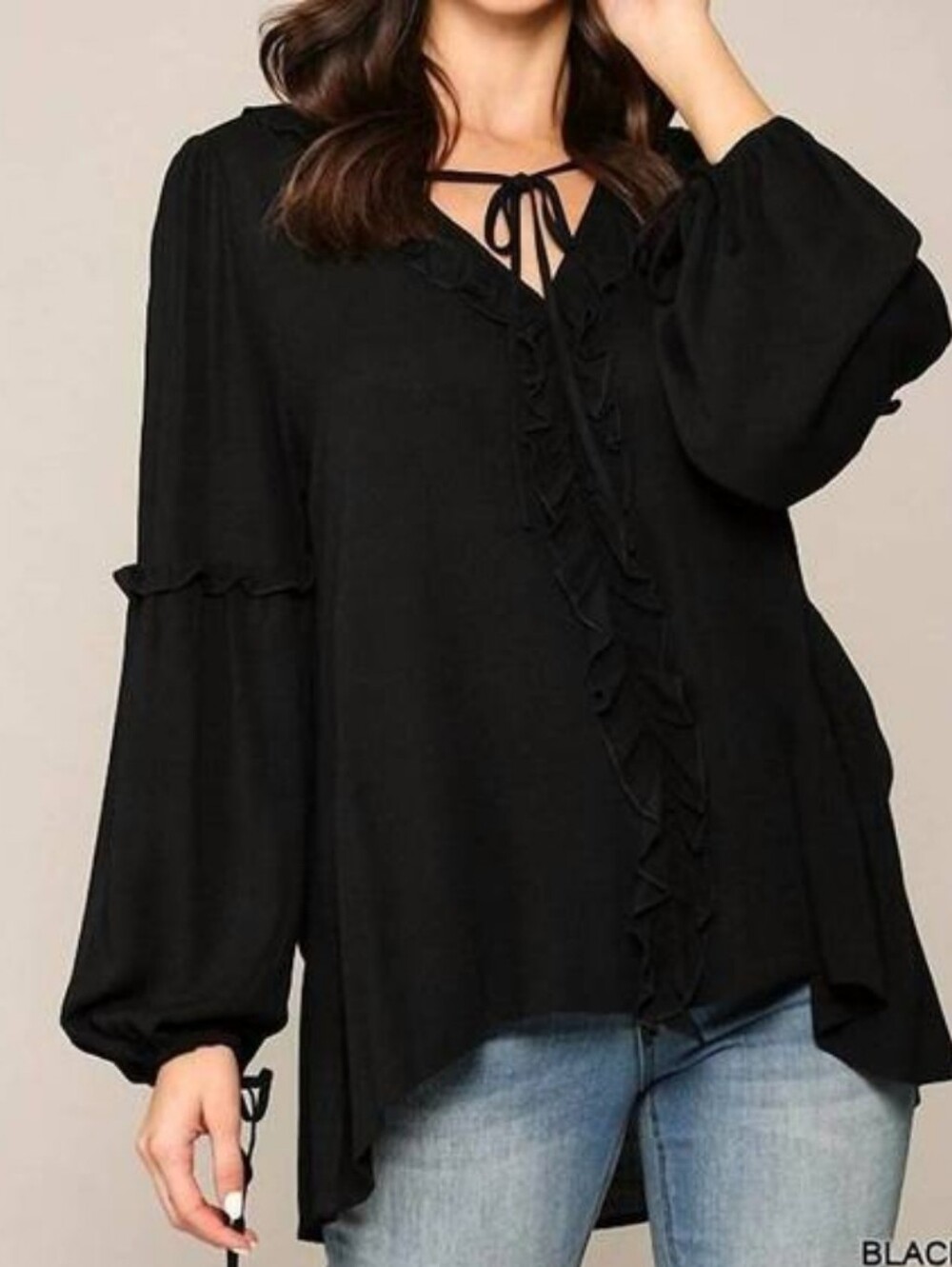 Black Tie Neck Ruffle Tunic